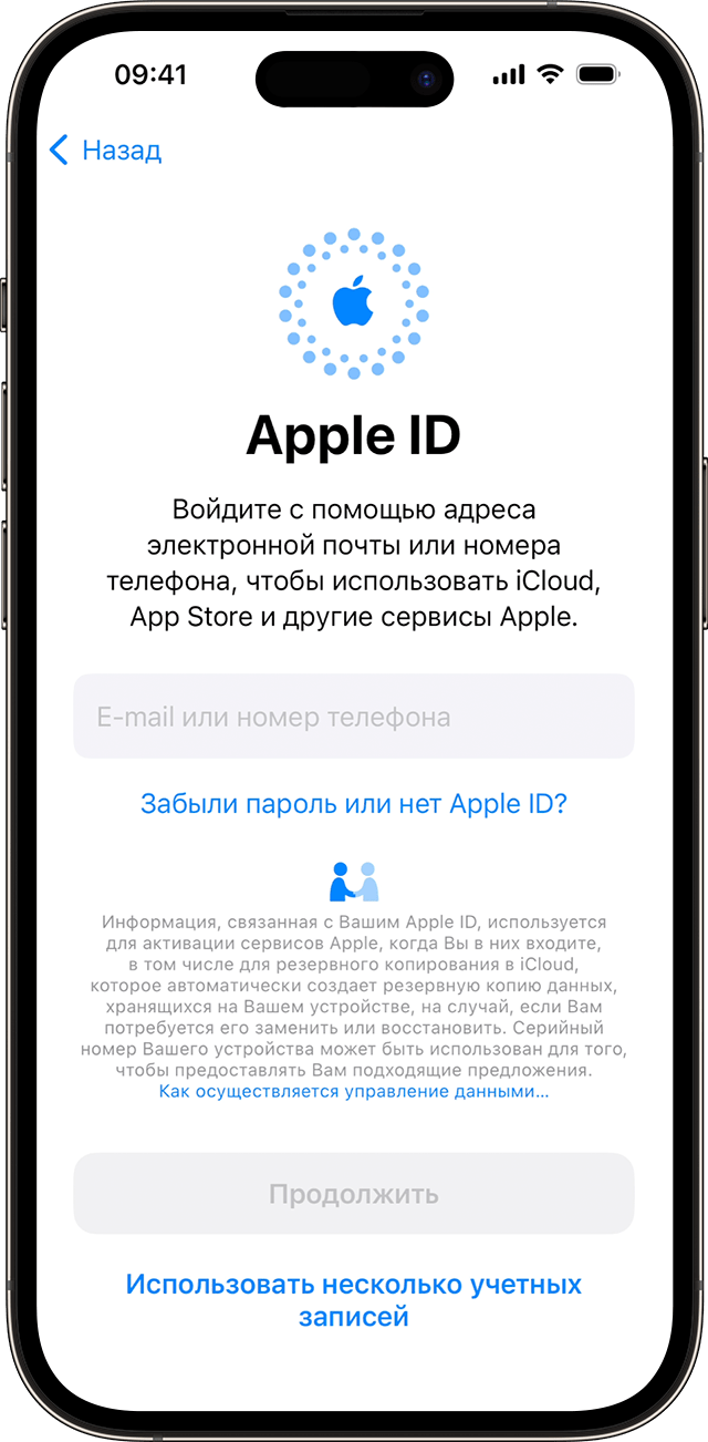 Во время настройки iPhone в iOS 17 введите свой адрес электронной почты или номер телефона для входа с помощью идентификатора Apple ID.
