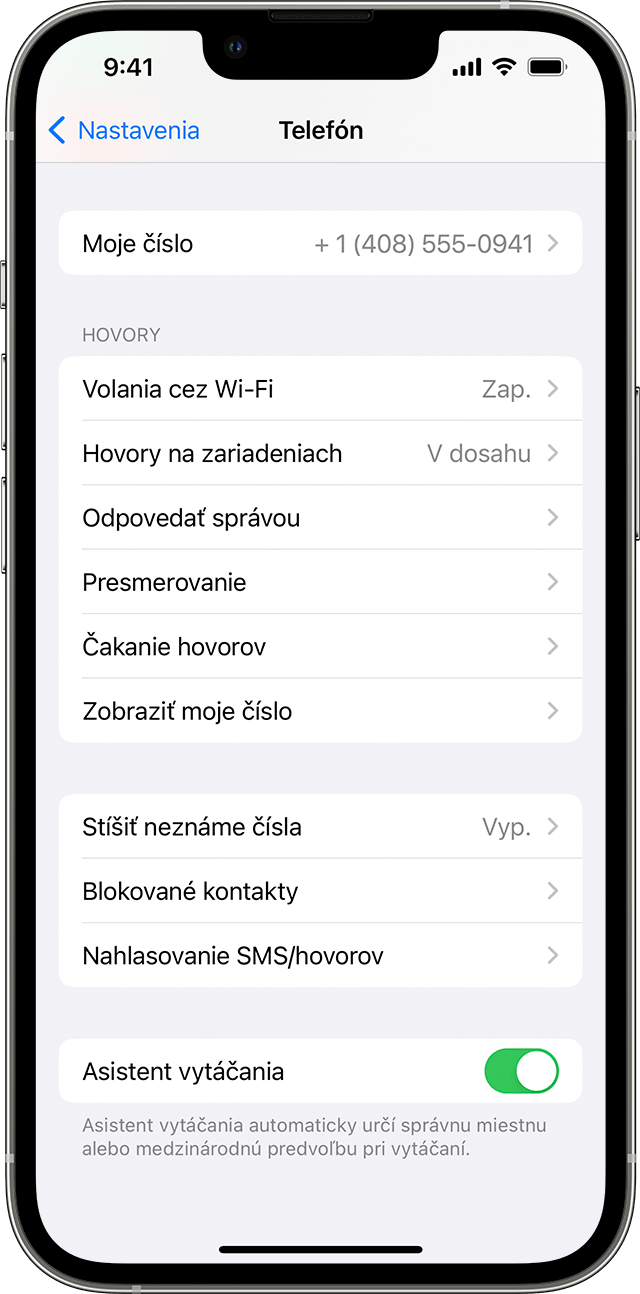 Obrazovka iPhonu so zapnutou funkciou Volania cez Wi-Fi.