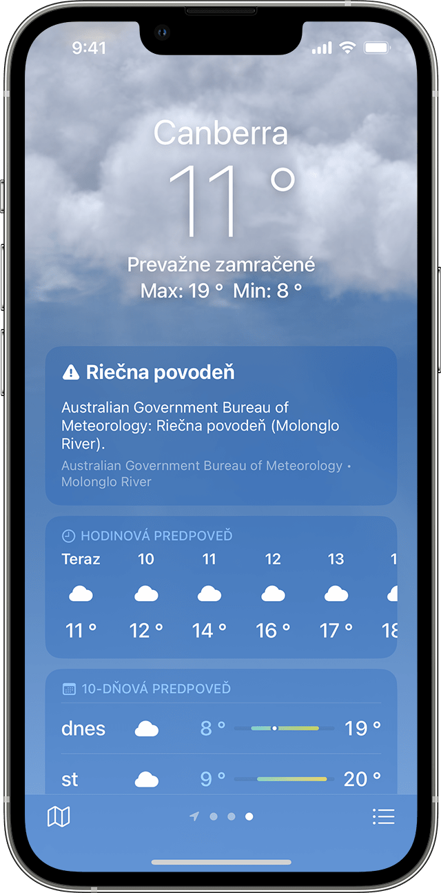 iPhone so zobrazením nepriaznivých informácií o počasí v apke Počasie.