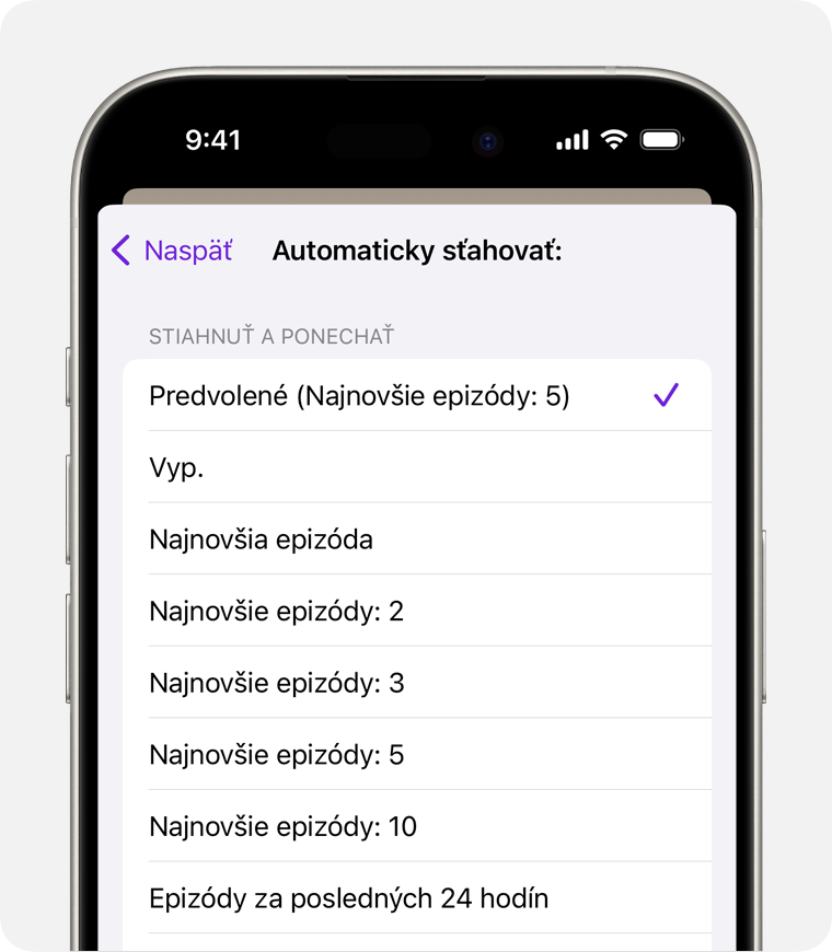 iPhone so zobrazenou možnosťou Vyp. vybranou pre automatické sťahovanie.