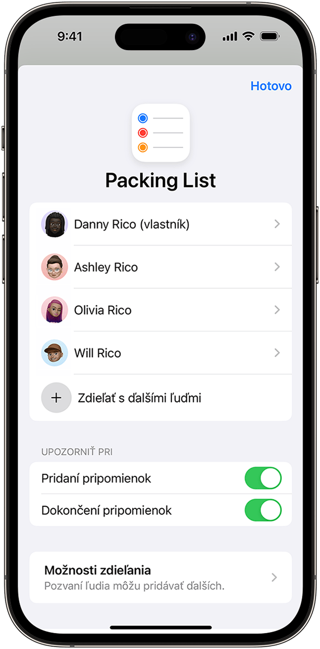 Na iPhone môžete zdieľať zoznam pripomienok so svojimi kontaktmi a automatické hlásenia môžete zmeniť prostredníctvom možností Spravovať zdieľaný zoznam.