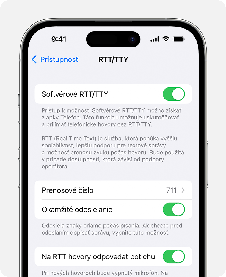 Obrazovka iPhonu so zapnutou funkciou RTT/TTY