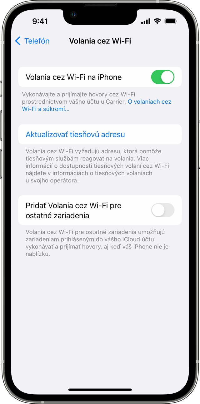 iPhone s obrazovkou Volania cez Wi-Fi a zapnutou funkciou Volania cez Wi-Fi na iPhone.