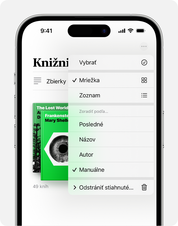 Obrazovka iPhonu s možnosťami usporiadania apky Knihy 