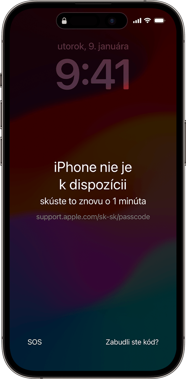 Obrazovka iPhone je nedostupný v systéme iOS 17 alebo novšom obsahuje možnosť „Zabudli ste kód?“.