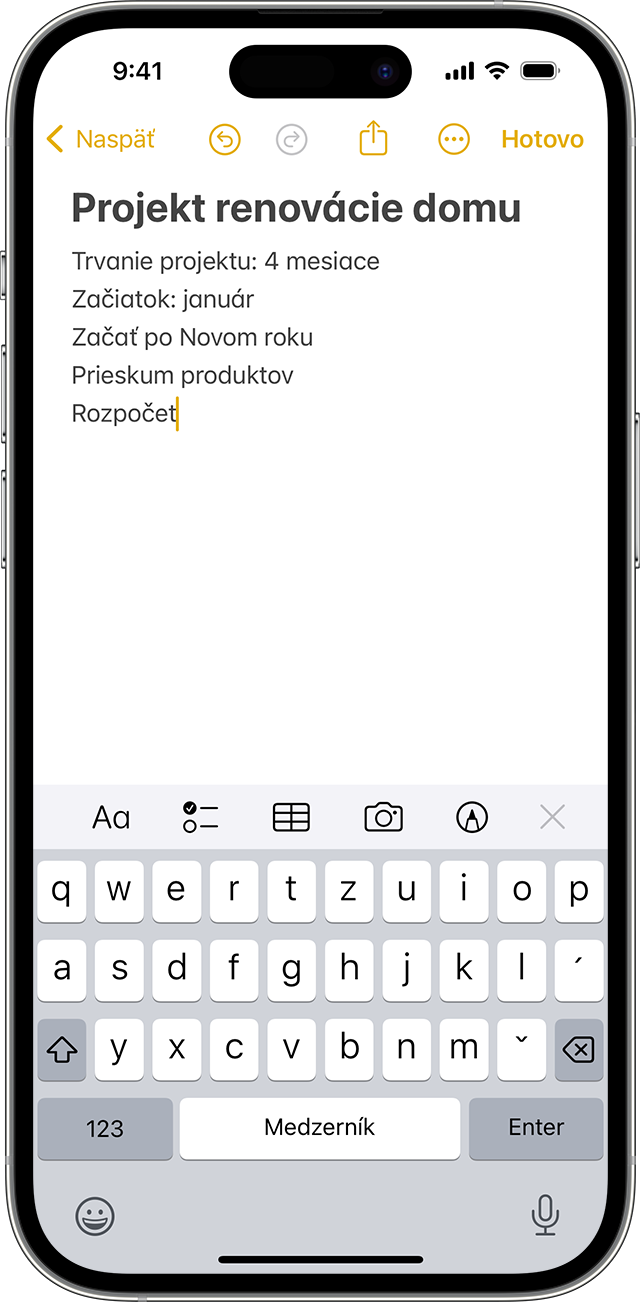 iPhone so zobrazením vytvárania poznámky v apke Poznámky.