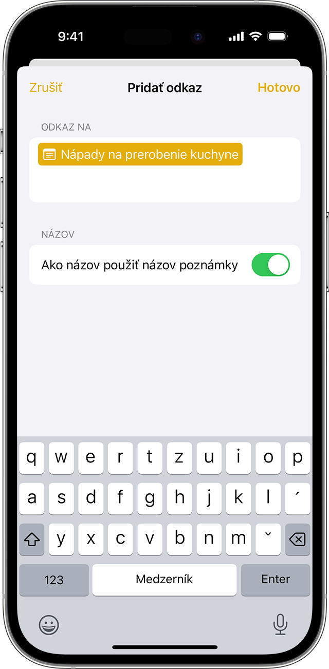 Možnosti pridania odkazu v Poznámkach na iPhone so systémom iOS 17 alebo novším.