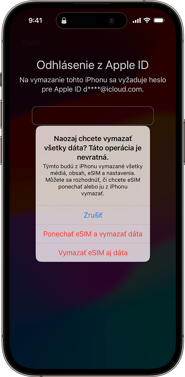 Keď v systéme iOS 17 alebo novšom prechádzate procesom resetovania kódu, môžete si vybrať, či si chcete eSIM kartu ponechať alebo ju chcete vymazať.