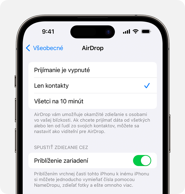 Nastavenia funkcie AirDrop na iPhone s vybratou možnosťou Len kontakty.