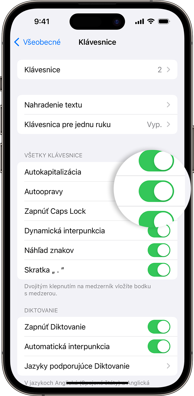 Obrazovka iPhonu zobrazujúca zapnutie funkcie Autoopravy.