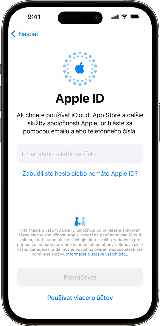 Prihlásenie sa pomocou Apple ID s použitím e-mailovej adresy alebo telefónneho čísla pri nastavovaní iPhonu so systémom iOS 17.