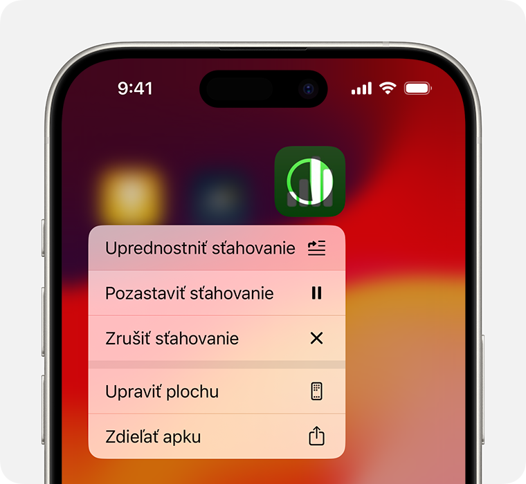 Obrazovka iPhonu s menu sťahovania apky 