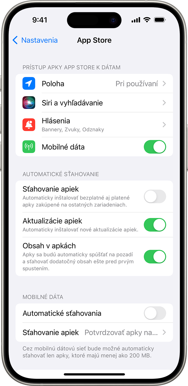 iPhone so zobrazenými možnosťami App Storu v Nastaveniach vrátane možnosti Aktualizácie apiek.