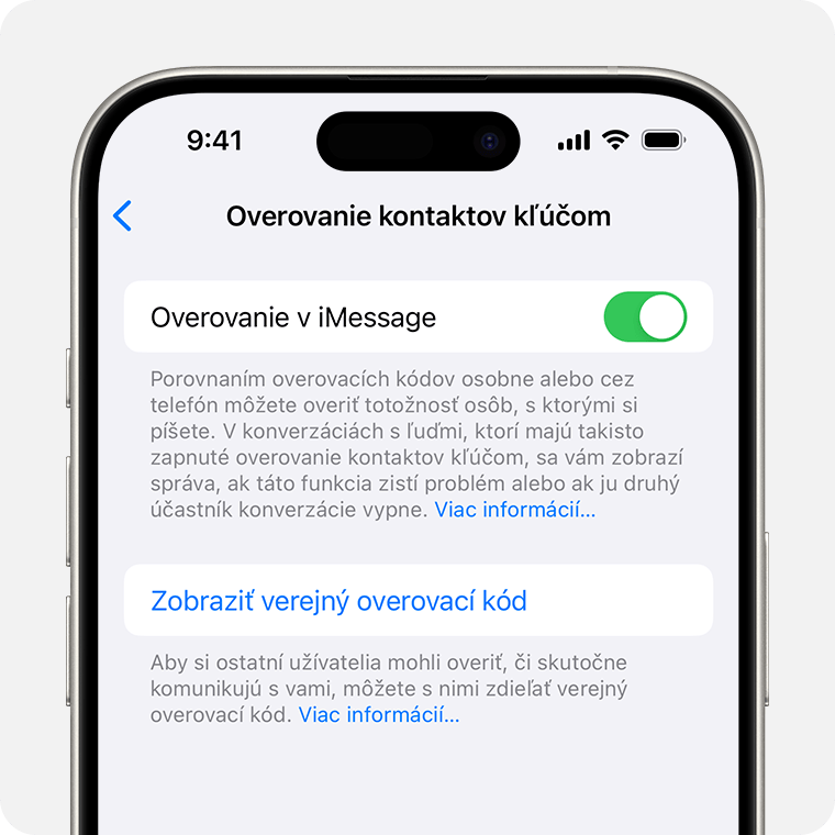 In Contact Key Verification settings, tap Show Public Verification Code to share your public code.