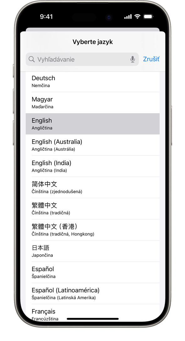 iPhone so zoznamom systémových jazykov k dispozícii, v ktorom je zvýraznená francúzština.