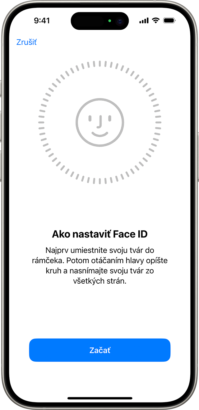 Začiatok procesu nastavenia Face ID