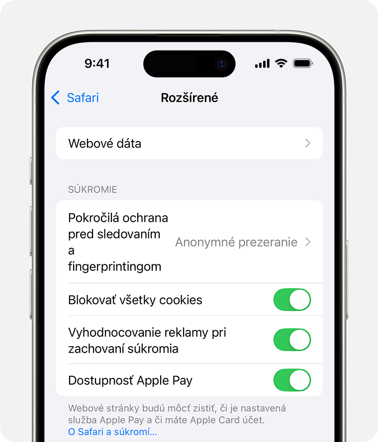 iPhone zobrazujúci nastavenia Safari. Je zapnutý prepínač Blokovať všetky súbory cookie.