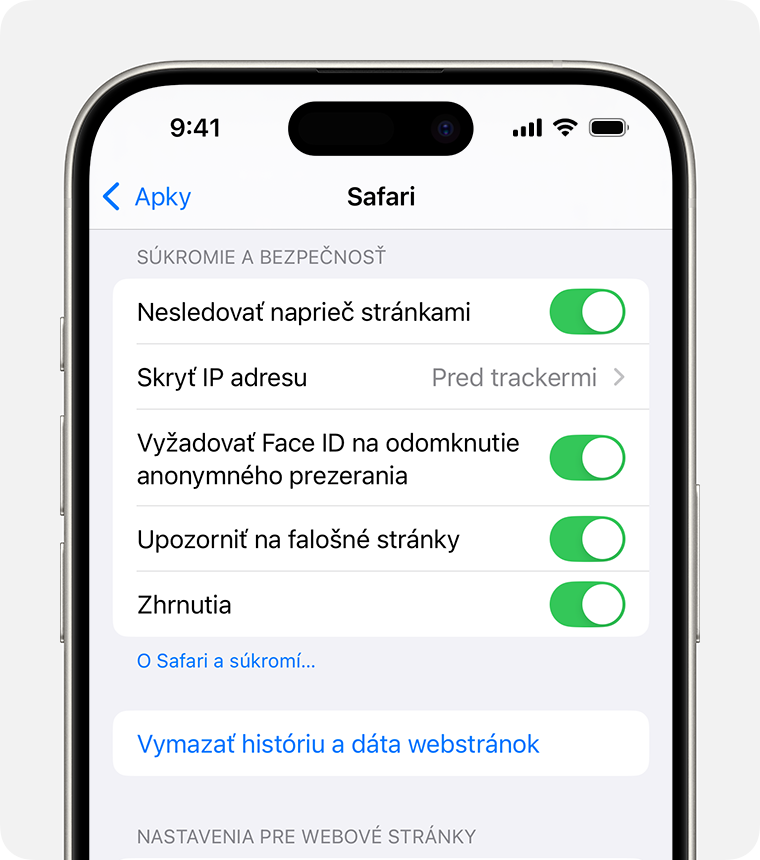 iPhone so zobrazením nastavení Safari. V dolnej časti sekcie Súkromie a zabezpečenie sa nachádza tlačidlo Vymazať históriu a dáta webových stránok.