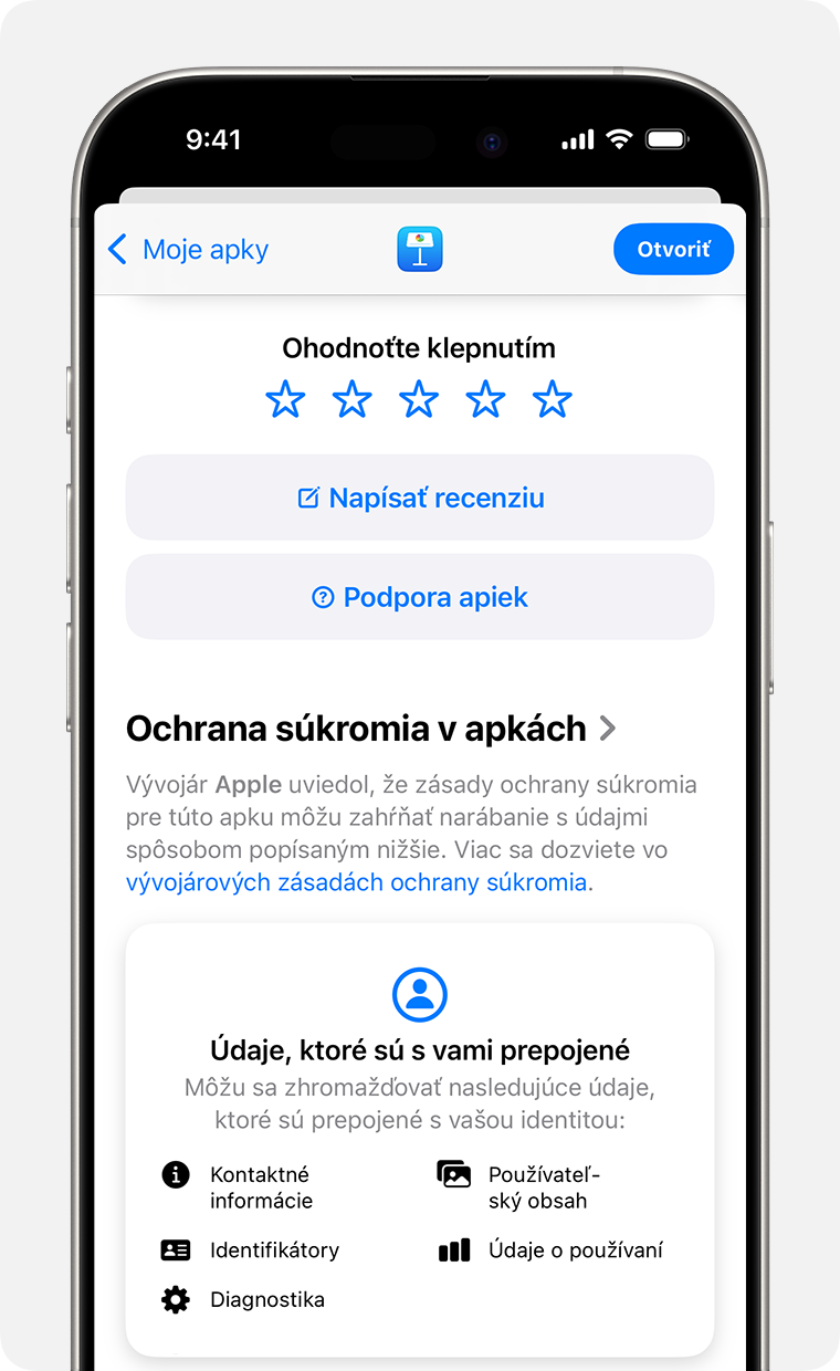 Na iPhone sa zobrazuje stránka s popisom apky pre Keynote. V hornej časti sa zobrazuje 5 hviezdičiek, ktoré môžete použiť na ohodnotenie apky, tlačidlo na napísanie recenzie a tlačidlo na kontaktovanie podpory apky.