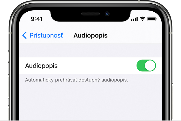 Tlačidlo Audiopopis v Nastaveniach na iPhone