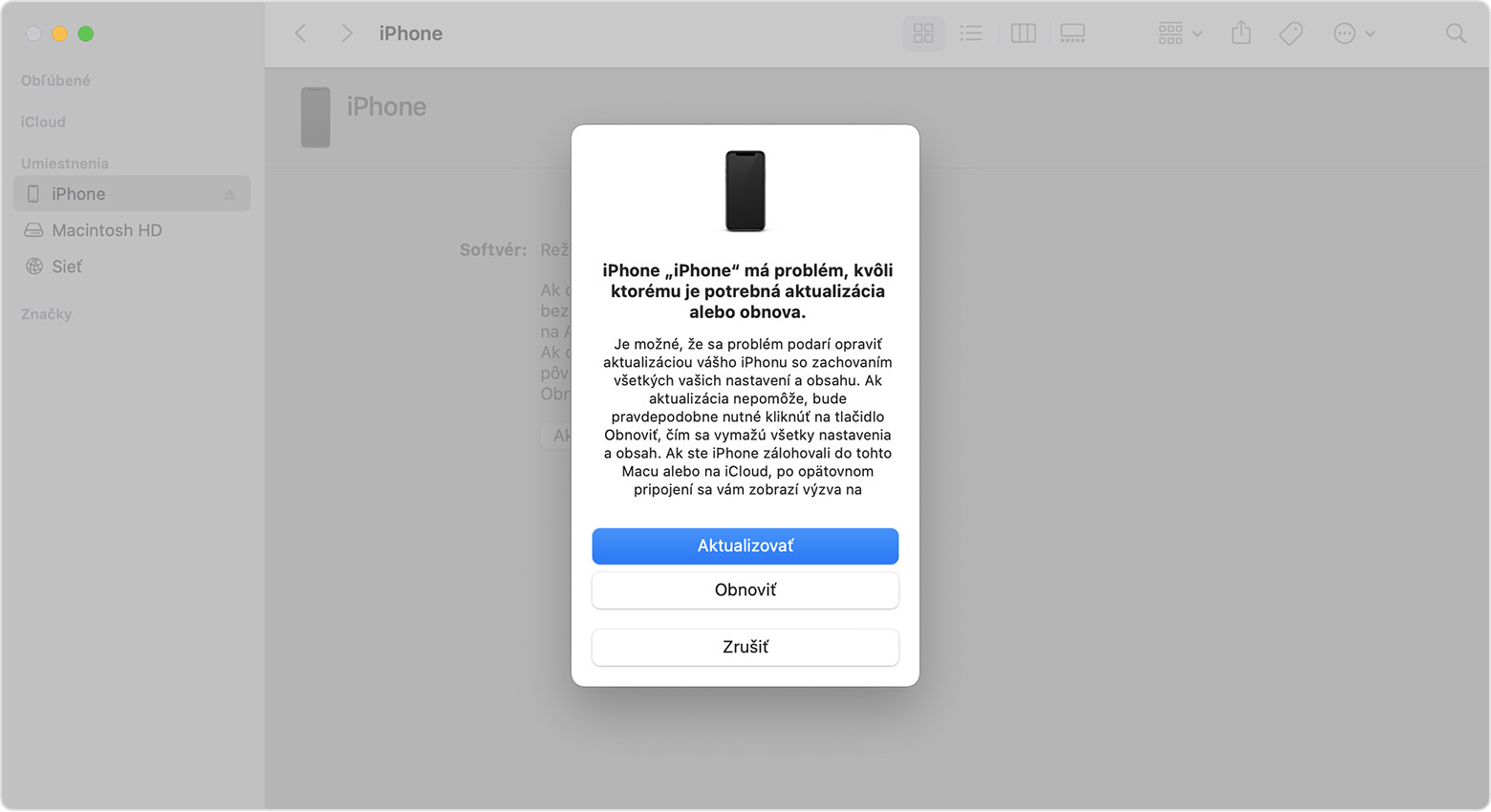 Okno Findera na Macu s možnosťami obnovenia alebo aktualizácie iPhonu