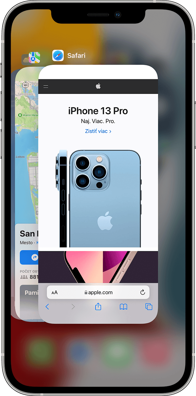 Obrazovka zobrazujúca multitasking na iPhone 12 Pro