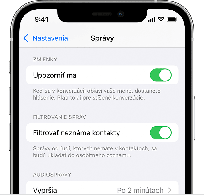 Obrazovka iPhonu zobrazujúca zapnutú možnosť Filtrovať neznáme kontakty