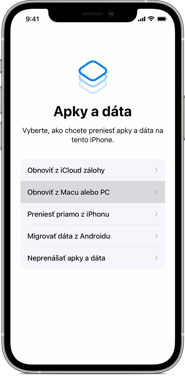 iPhone so zobrazenou obrazovkou Apky a dáta s vybratou možnosťou Obnoviť z Macu alebo PC.