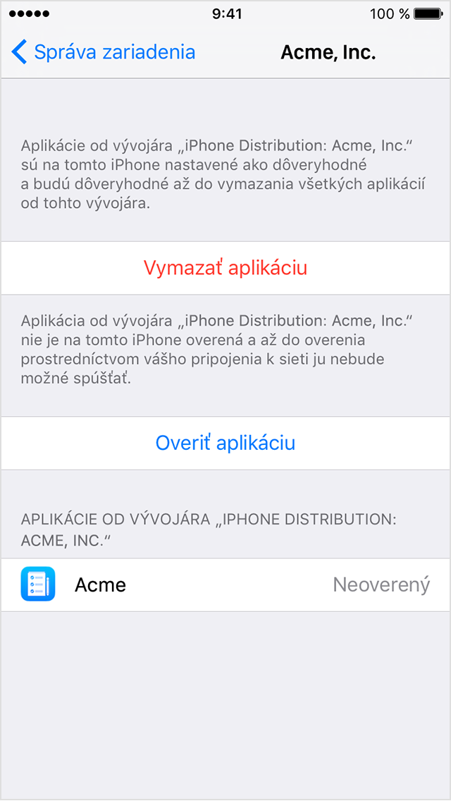  Obrazovka iPhonu zobrazujúca výzvu na potvrdenie, či sa má podniková apka označiť ako dôveryhodná