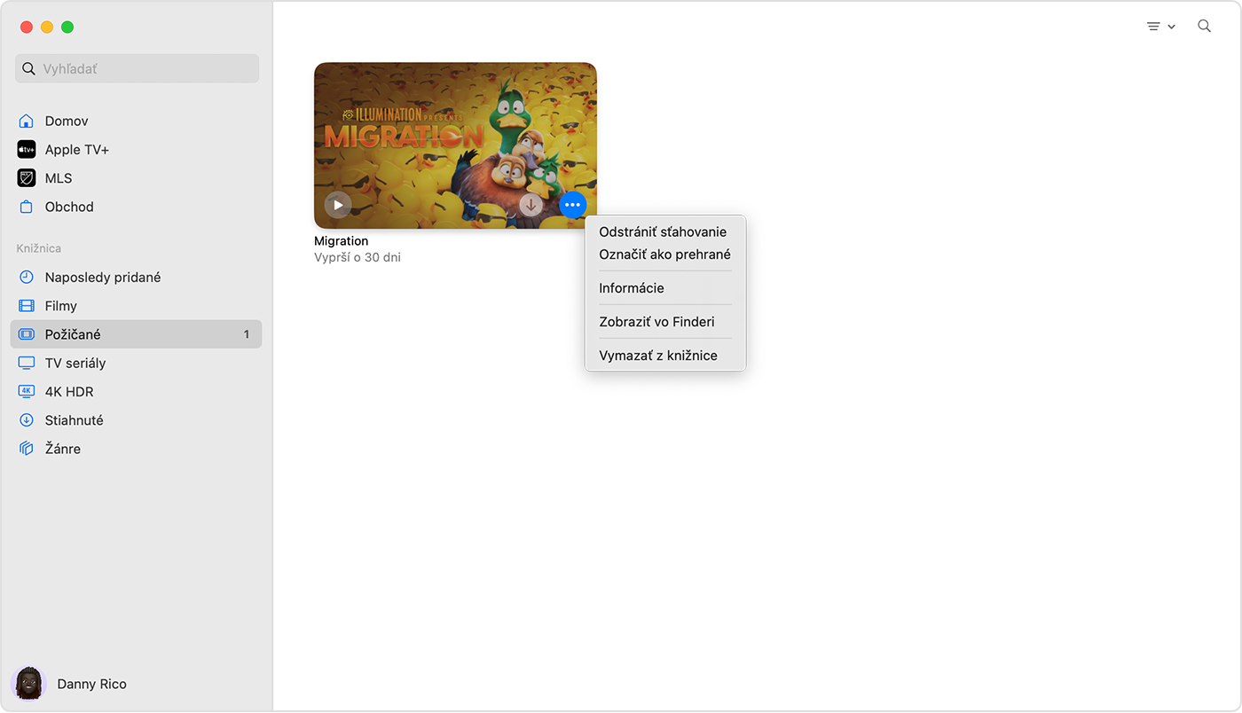 Apka Apple TV pre Mac s menu tlačidla Viac nad zakúpenou položkou