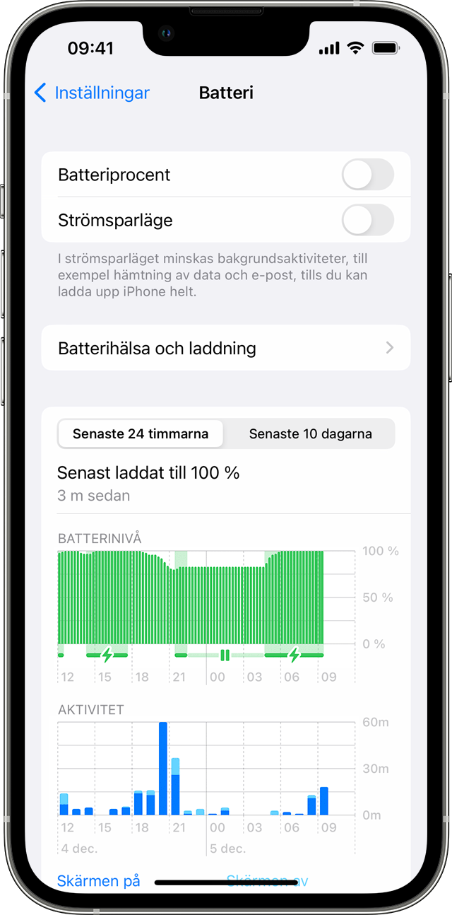 iPhone som visar batteriskärmen i Inställningar