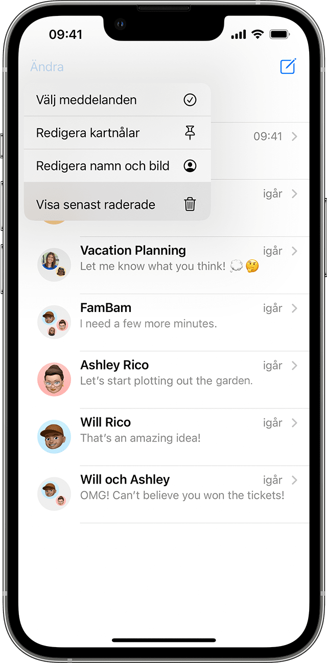 På sidan för konversationer i Meddelanden kan du trycka på Redigera för att se alternativet att visa nyligen raderade meddelanden.