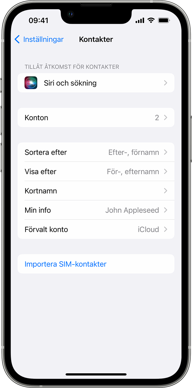 En iPhone-skärm som visar skärmen Kontakter