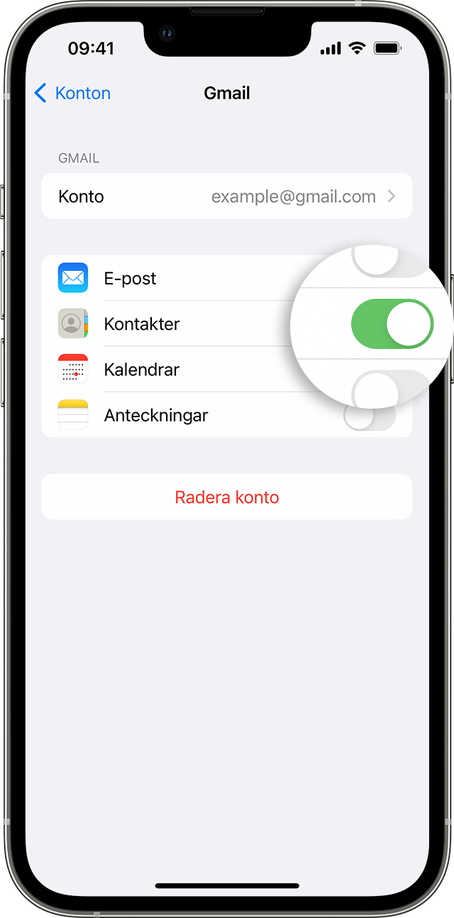 En iPhone-skärm som visar hur du aktiverar Kontakter för ditt Gmail-konto