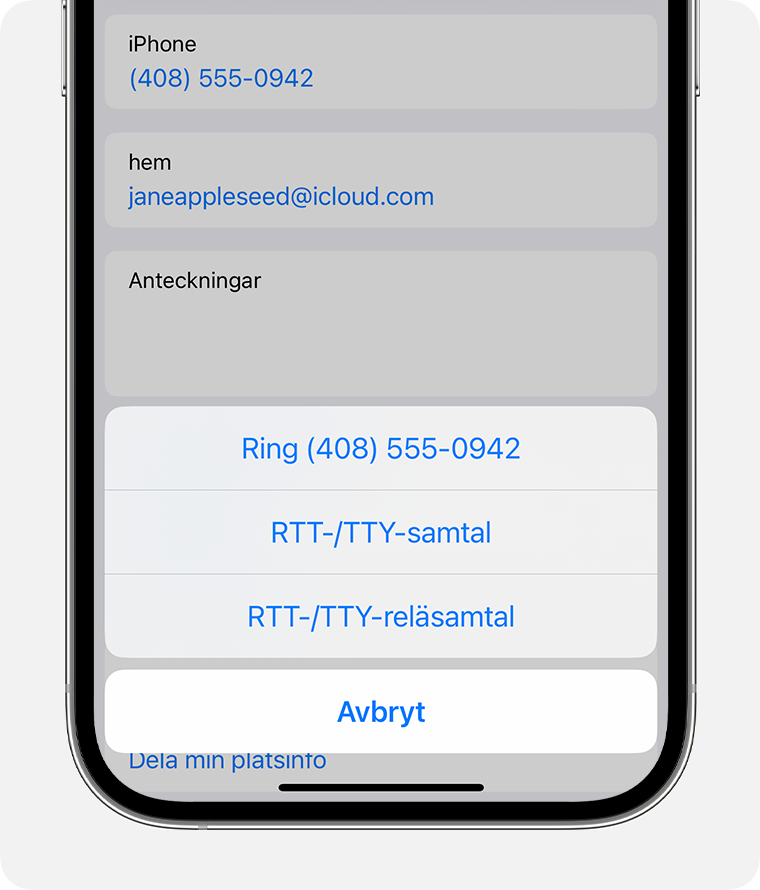 iPhone-skärm som visar menyn för att välja RTT-/TTY-samtal eller RTT-/TTY-reläsamtal