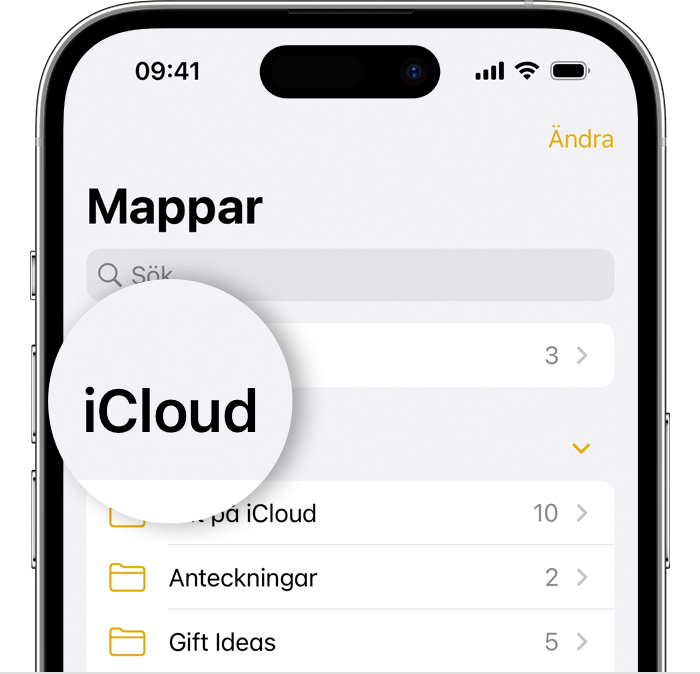 iPhone som visar skärmen Mappar i appen Anteckningar med iCloud-mappen framhävd