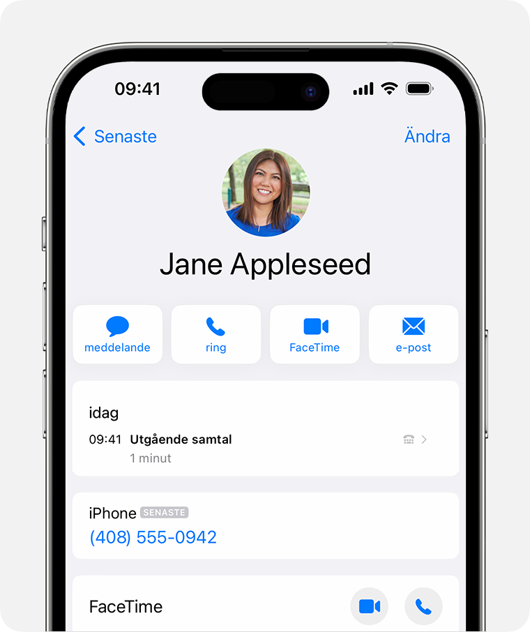 iPhone-skärm som visar samtalshistoriken för en kontakt
