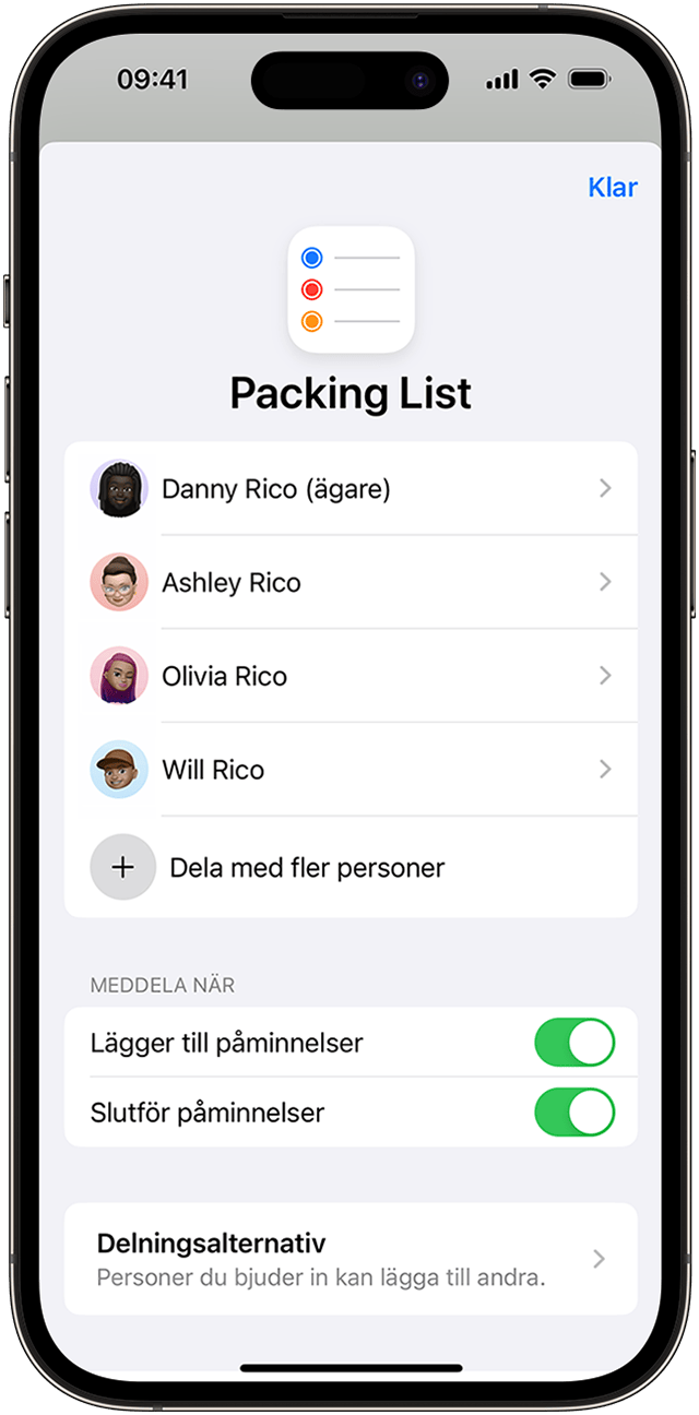 På din iPhone kan du dela en påminnelselista med dina kontakter men ändra de automatiska notiserna genom alternativen för Hantera delad lista.
