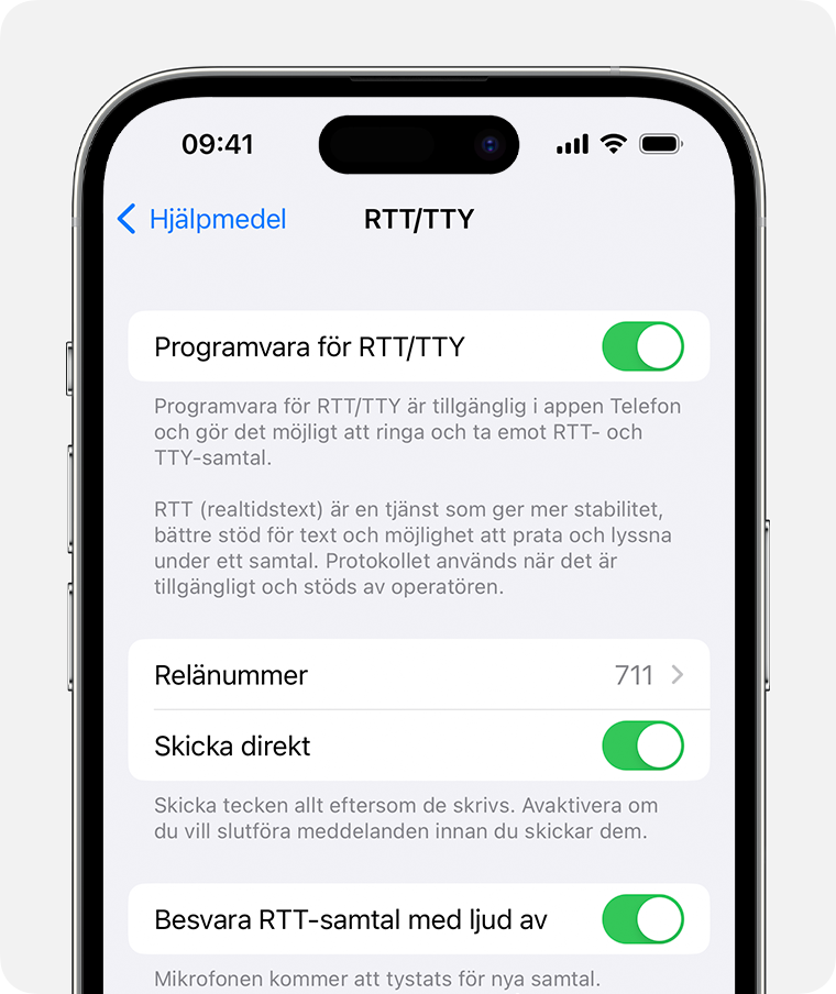 iPhone-skärm med RTT/TTY aktiverat