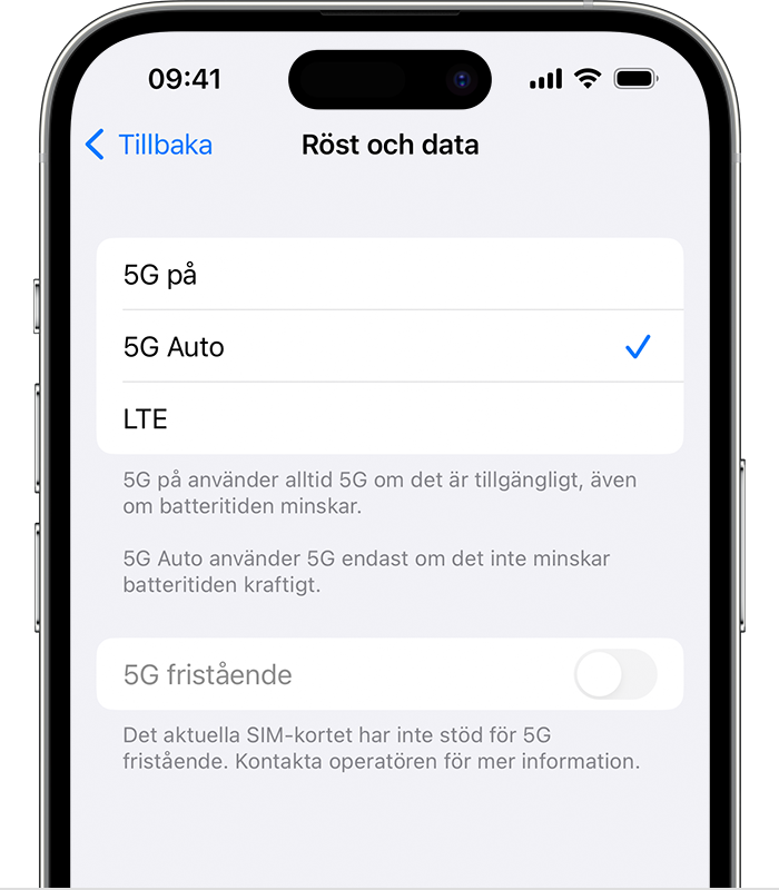 Skärmavbild som visar inställningarna för Röst och data