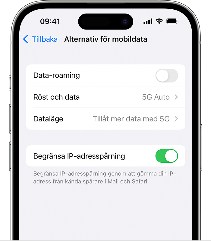 Skärmavbild som visar alternativ för mobildata