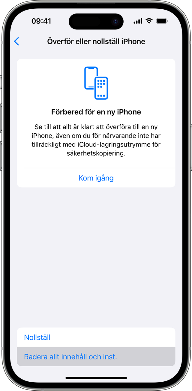 Använd Radera allt innehåll och alla inställningar för att radera dina personuppgifter i iPhone-inställningarna.