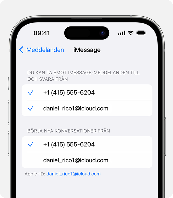 I Inställningar > Meddelanden > Skicka och ta emot kan du välja att använda antingen ett telefonnummer eller en e-postadress för nya konversationer.