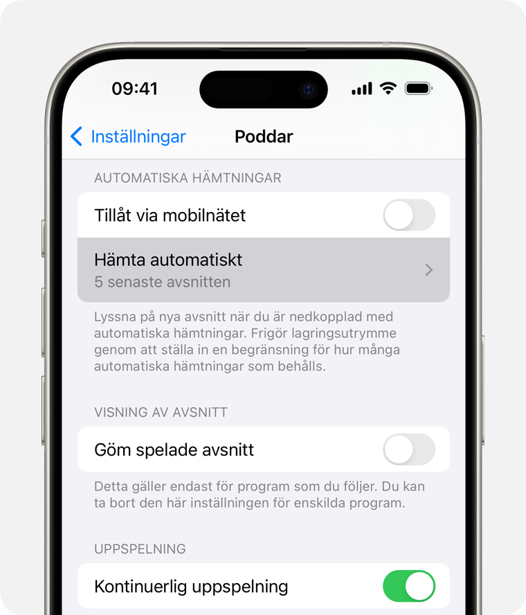 En iPhone som visar alternativet Hämta automatiskt i Inställningar.