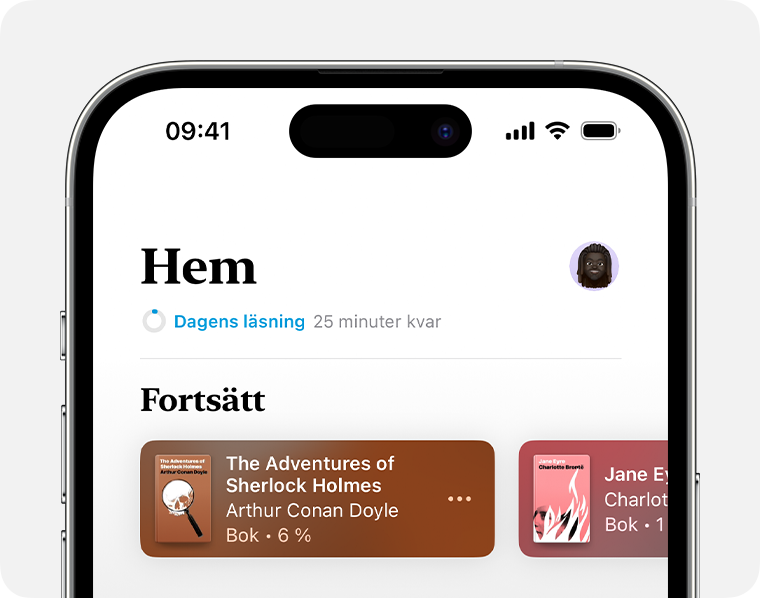 iPhone-skärm som visar avsnittet Hem i appen Böcker 