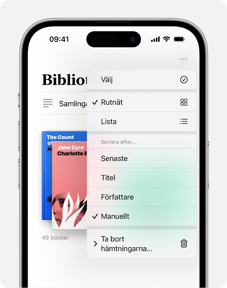 iPhone-skärm som visar alternativen för att organisera appen Böcker 
