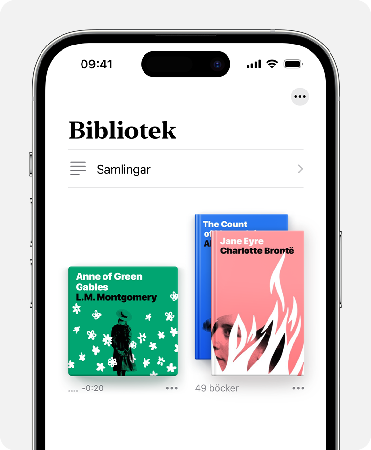 iPhone-skärm som visar avsnittet Bibliotek i appen Böcker. 