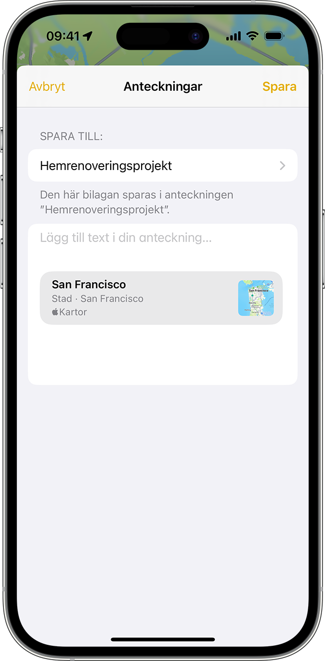 En iPhone som visar hur du lägger till en bilaga i appen Anteckningar.