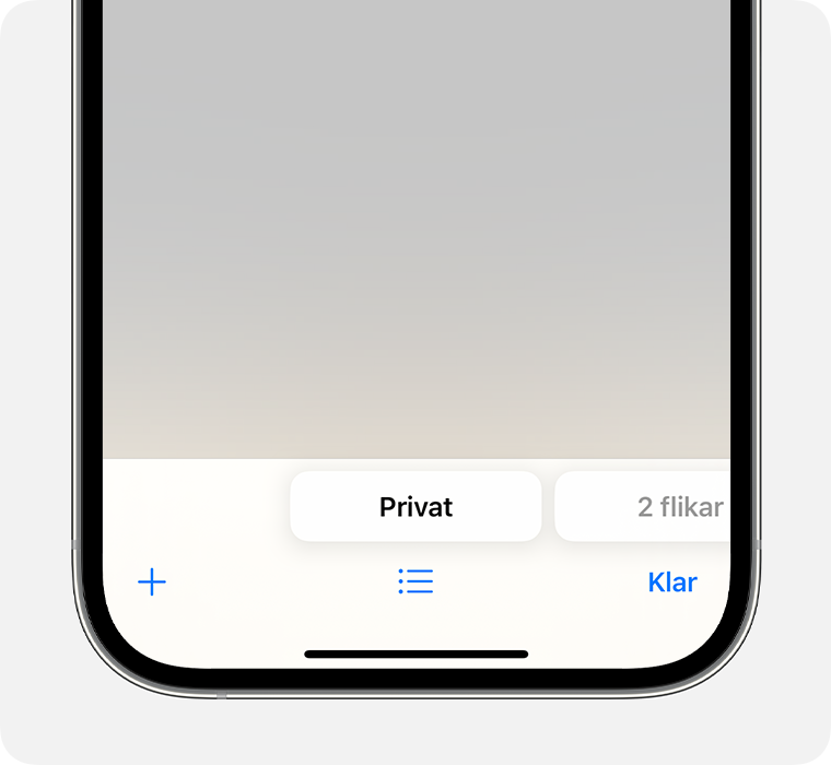 En iPhone som visar Safari-appen med gruppen Privat flik markerad.