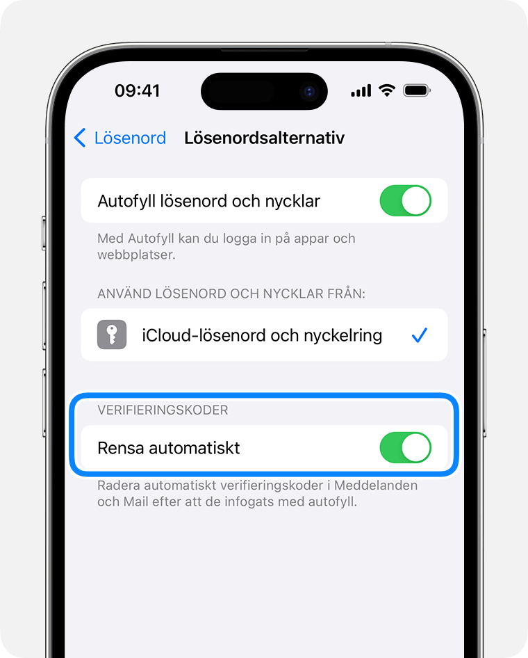 I iOS 17 och senare kan Messages automatiskt ta bort meddelanden som innehåller lösenordsverifieringskoder när du har använt den koden. 